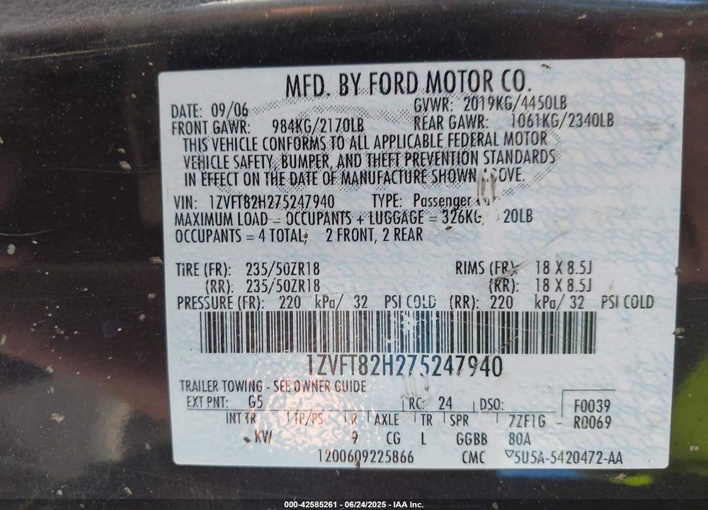 2007 FORD MUSTANG GT DELUXE/GT PREMIUM VIN: 1ZVFT82H275247940