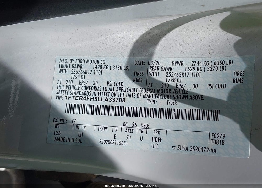 2020 FORD RANGER VIN: 1FTER4FH5LLA33708