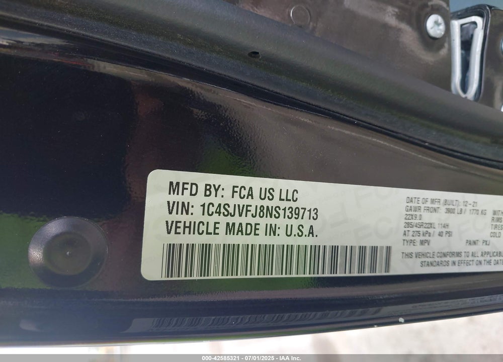 2022 JEEP GRAND WAGO VIN: 1C4SJVFJ8NS139713