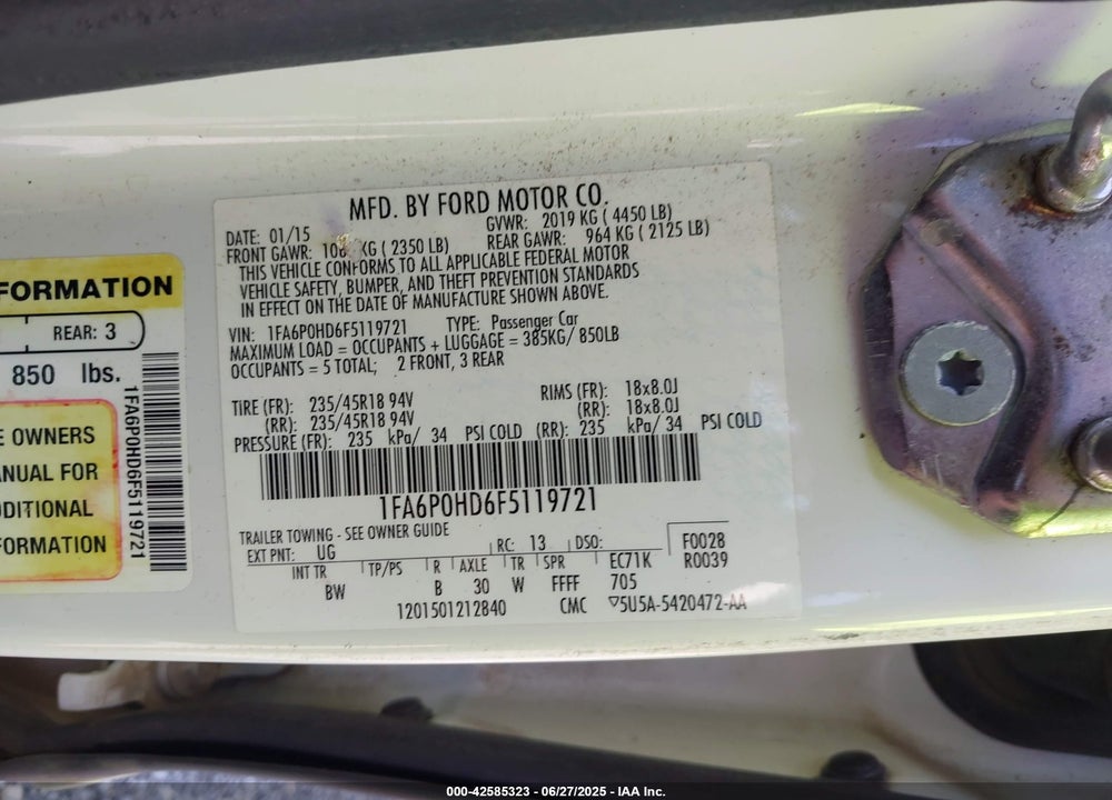2015 FORD FUSION VIN: 1FA6P0HD6F5119721