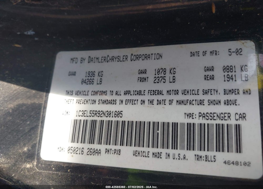 2002 CHRYSLER SEBRING LXI VIN: 1C3EL55R92N301605