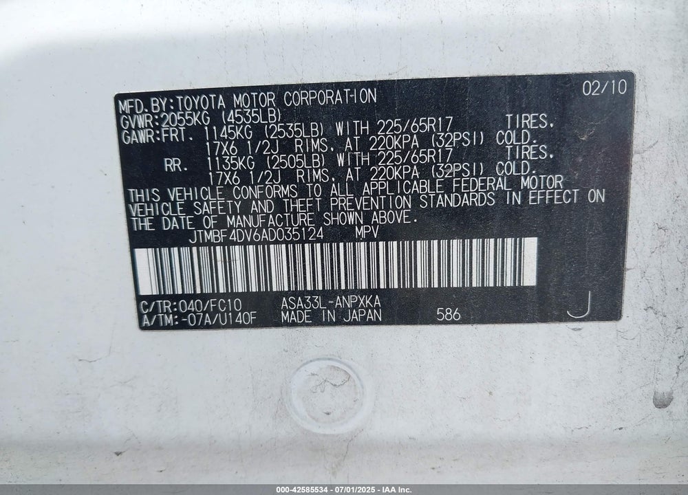 2010 TOYOTA RAV4 VIN: JTMBF4DV6AD035124