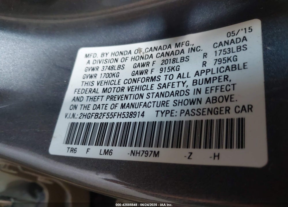 2015 HONDA CIVIC VIN: 2HGFB2F55FH538914