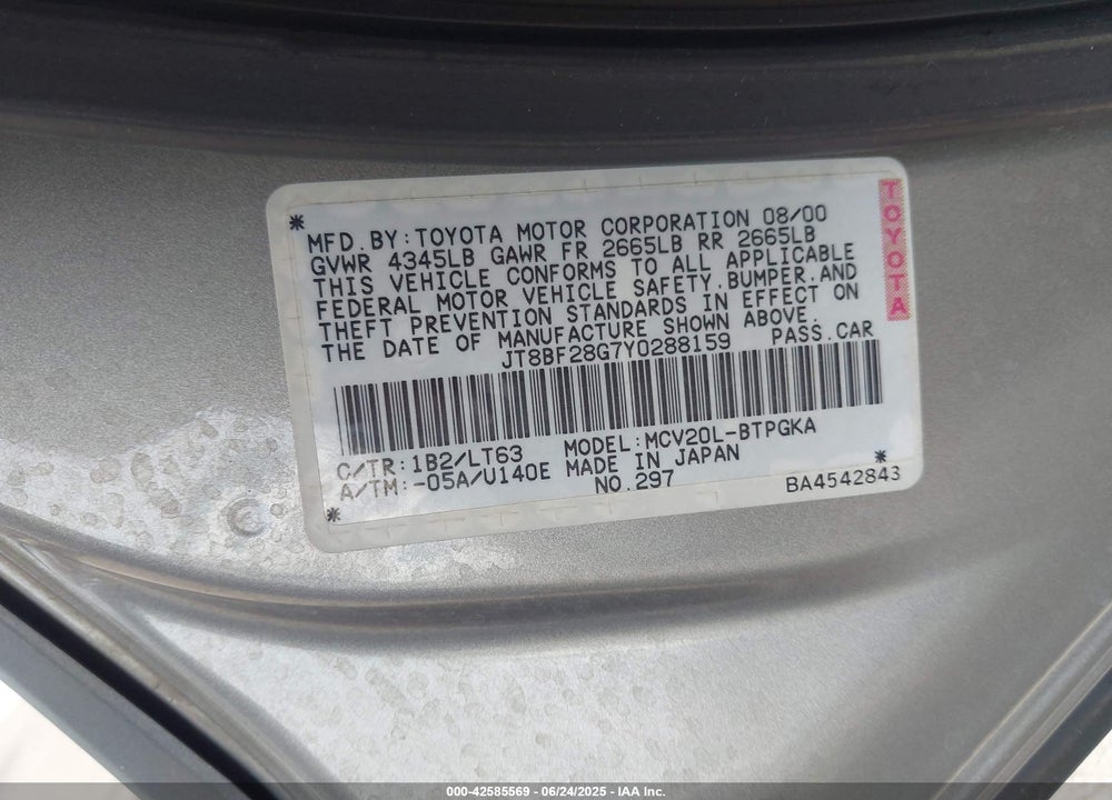 2000 LEXUS ES 300 VIN: JT8BF28G7Y0288159