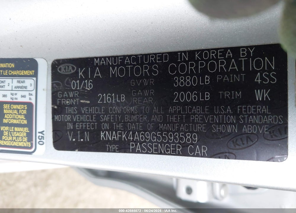 2016 KIA FORTE VIN: KNAFK4A69G5593589