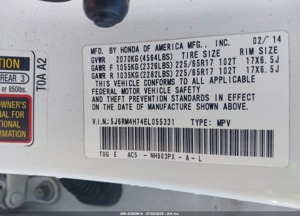 2014 HONDA CR-V VIN: 5J6RM4H74EL055331