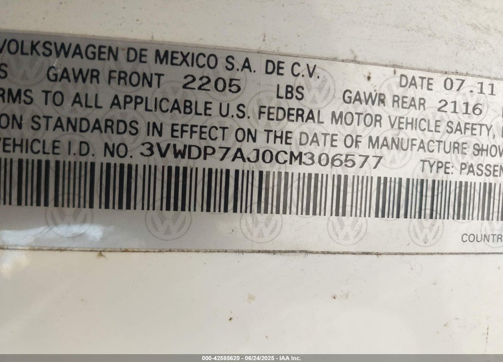 2012 VOLKSWAGEN JETTA VIN: 3VWDP7AJ0CM306577