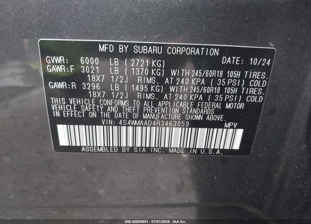 2024 SUBARU ASCENT BASE 8-PASSENGER VIN: 4S4WMAAD4R3463059