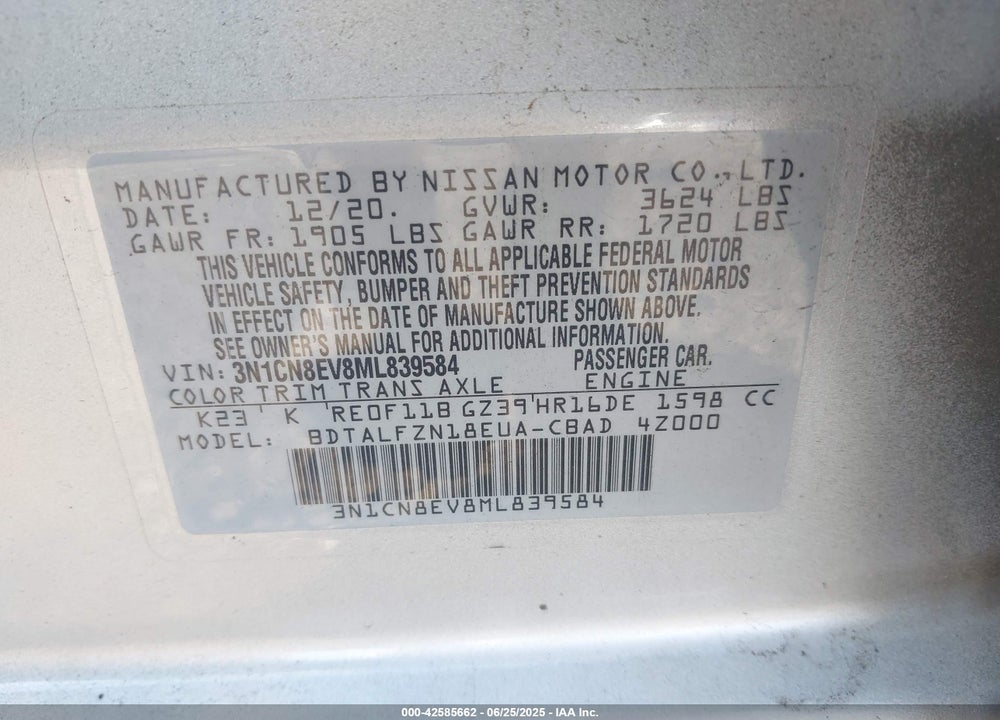 2021 NISSAN VERSA VIN: 3N1CN8EV8ML839584