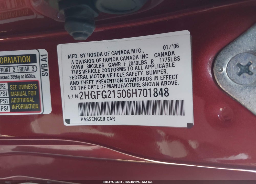 2006 HONDA CIVIC VIN: 2HGFG21506H701848