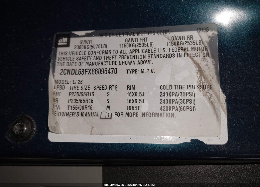 2006 CHEVROLET EQUINOX VIN: 2CNDL63FX66096470
