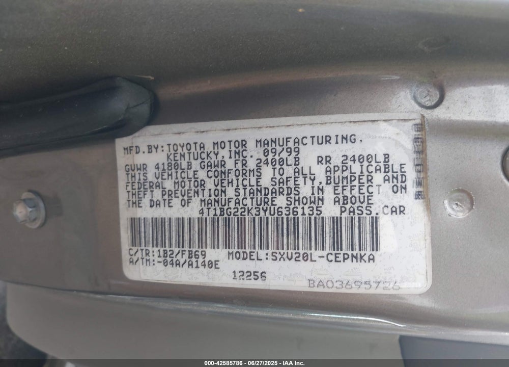 2000 TOYOTA CAMRY LE VIN: 4T1BG22K3YU636135