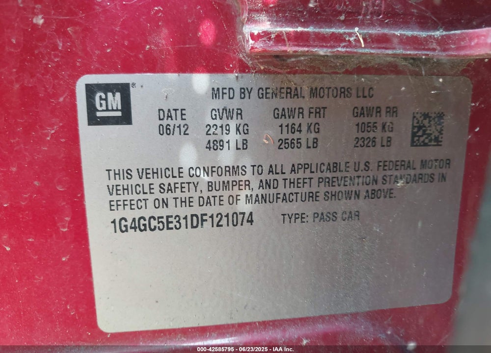 2013 BUICK LACROSSE VIN: 1G4GC5E31DF121074