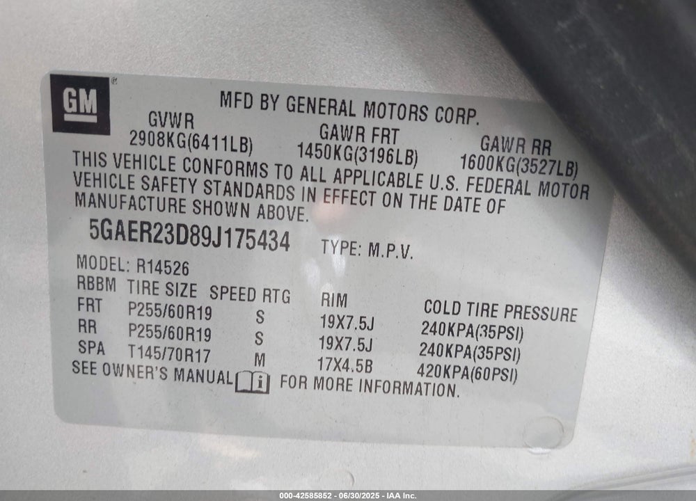 2009 BUICK ENCLAVE VIN: 5GAER23D89J175434