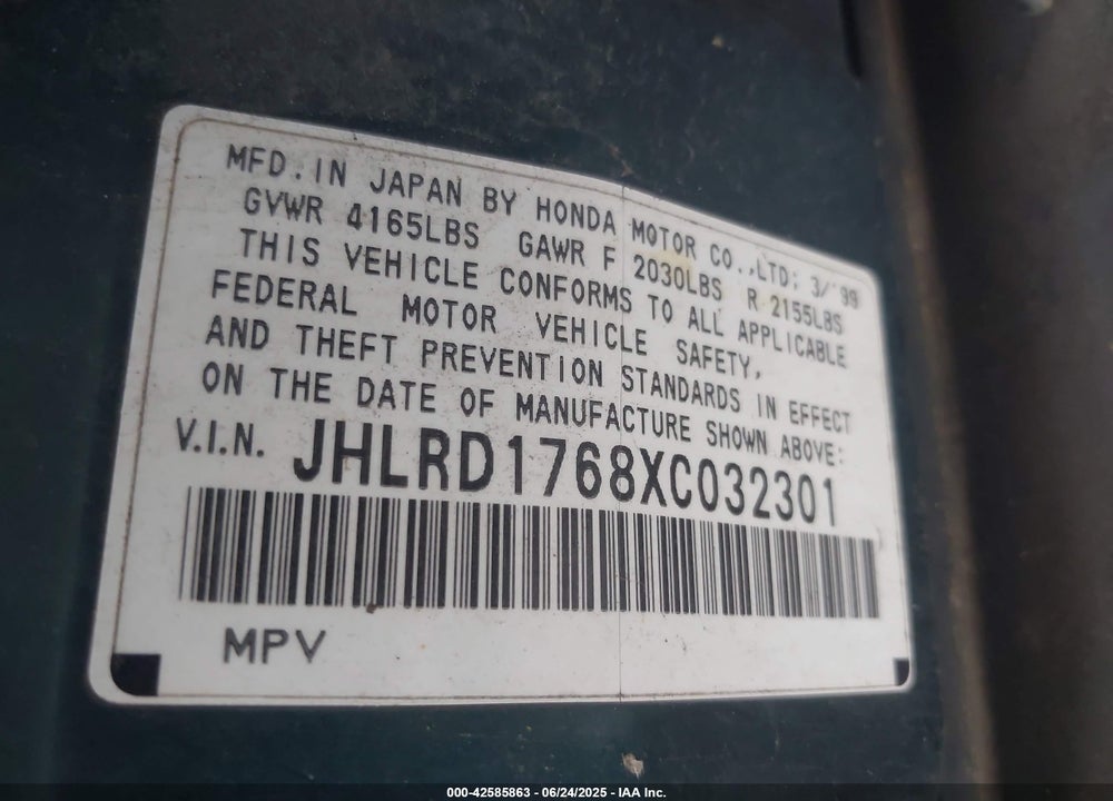 1999 HONDA CR-V VIN: JHIRD1768XC032301