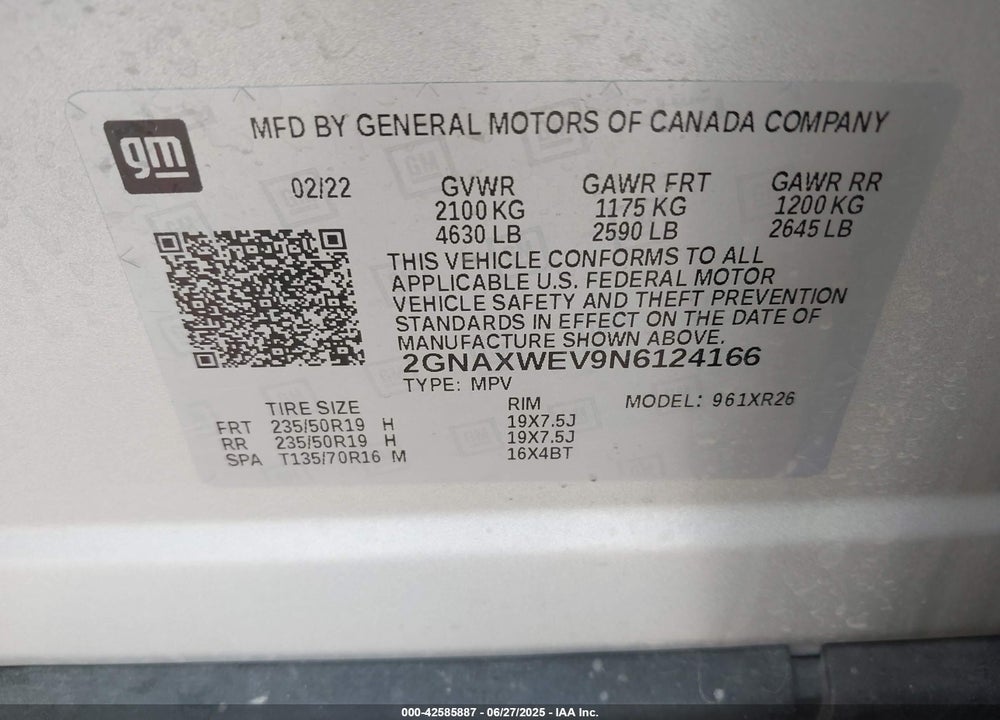 2022 CHEVROLET EQUINOX VIN: 2GNAXWEV9N6124166