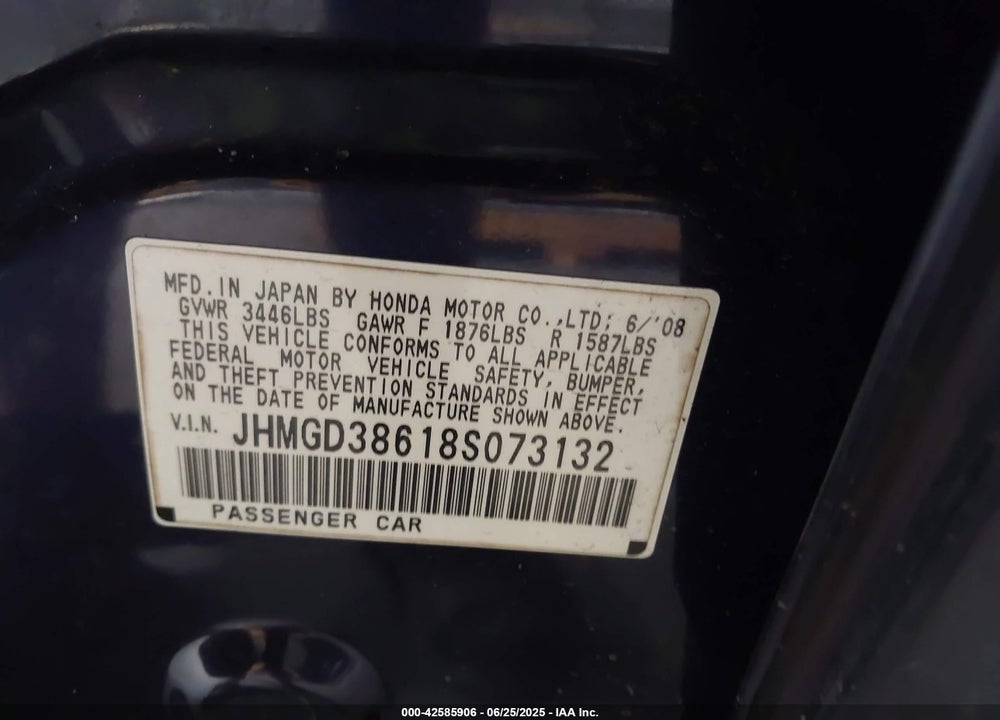 2008 HONDA FIT VIN: JHMGD38618S073132