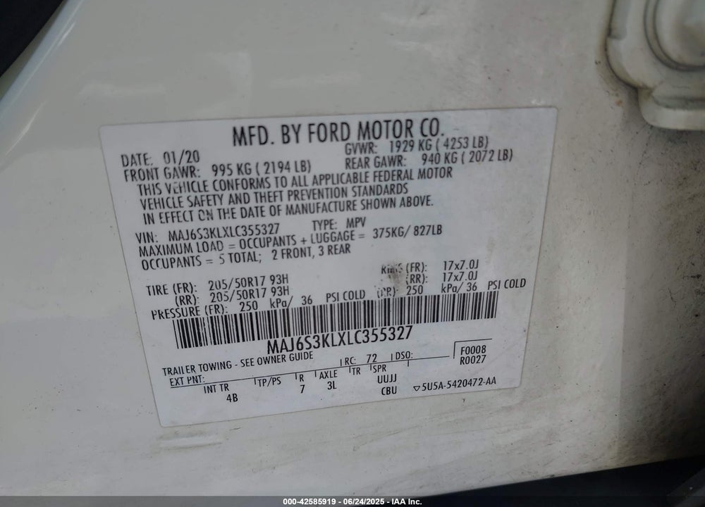 2020 FORD ECOSPORT TITANIUM VIN: MAJ6S3KLXLC355327