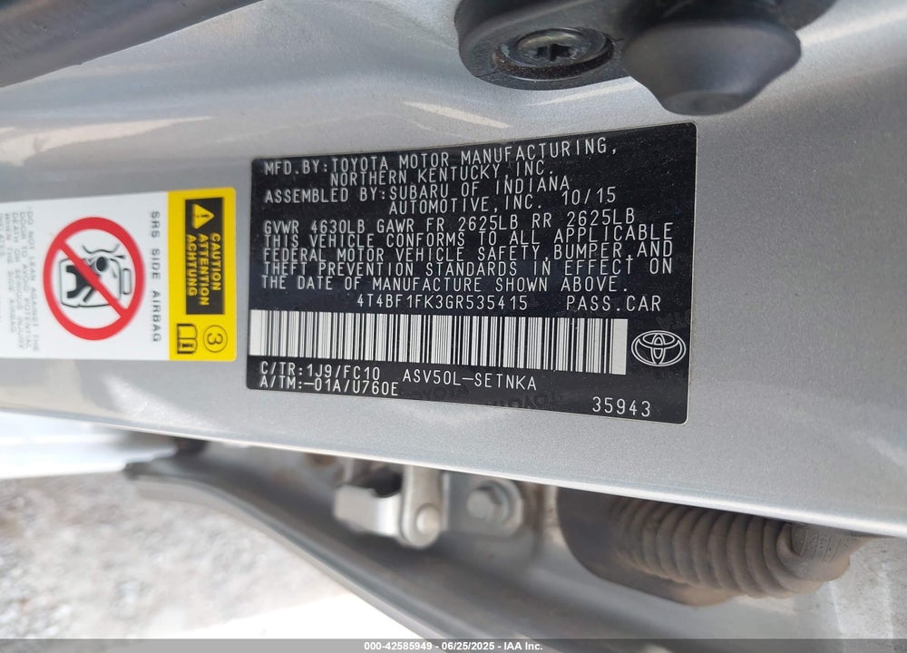 2016 TOYOTA CAMRY VIN: 4T4BF1FK3GR535415
