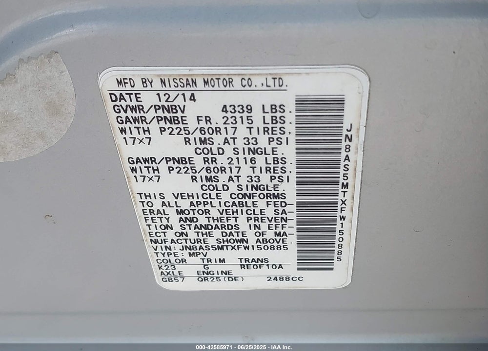 2015 NISSAN ROGUE SELECT VIN: JN8AS5MTXFW150885