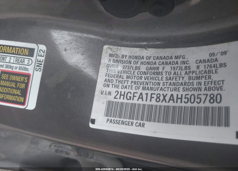 2010 HONDA CIVIC EX VIN: 2HGFA1F8XAH505780
