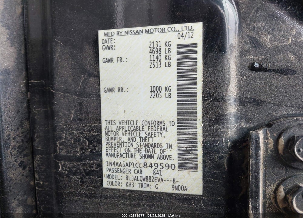 2012 NISSAN MAXIMA VIN: 1N4AA5AP1CC849590