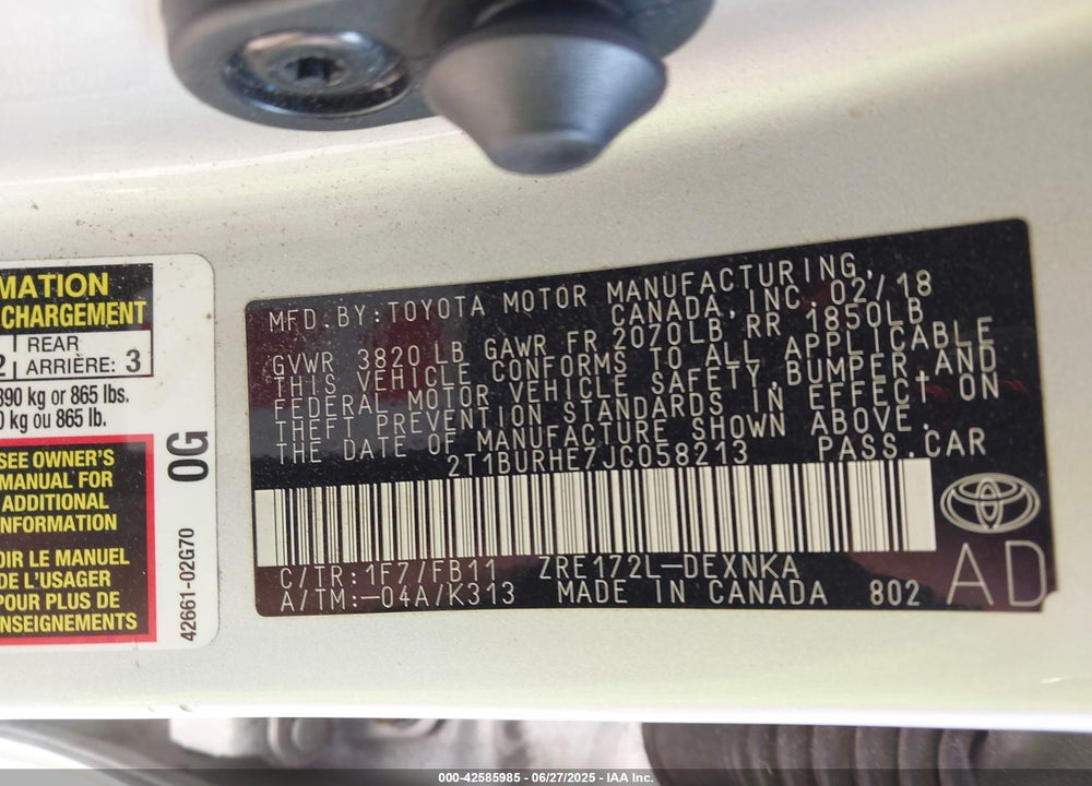 2018 TOYOTA COROLLA VIN: 2T1BURHE7JC058213