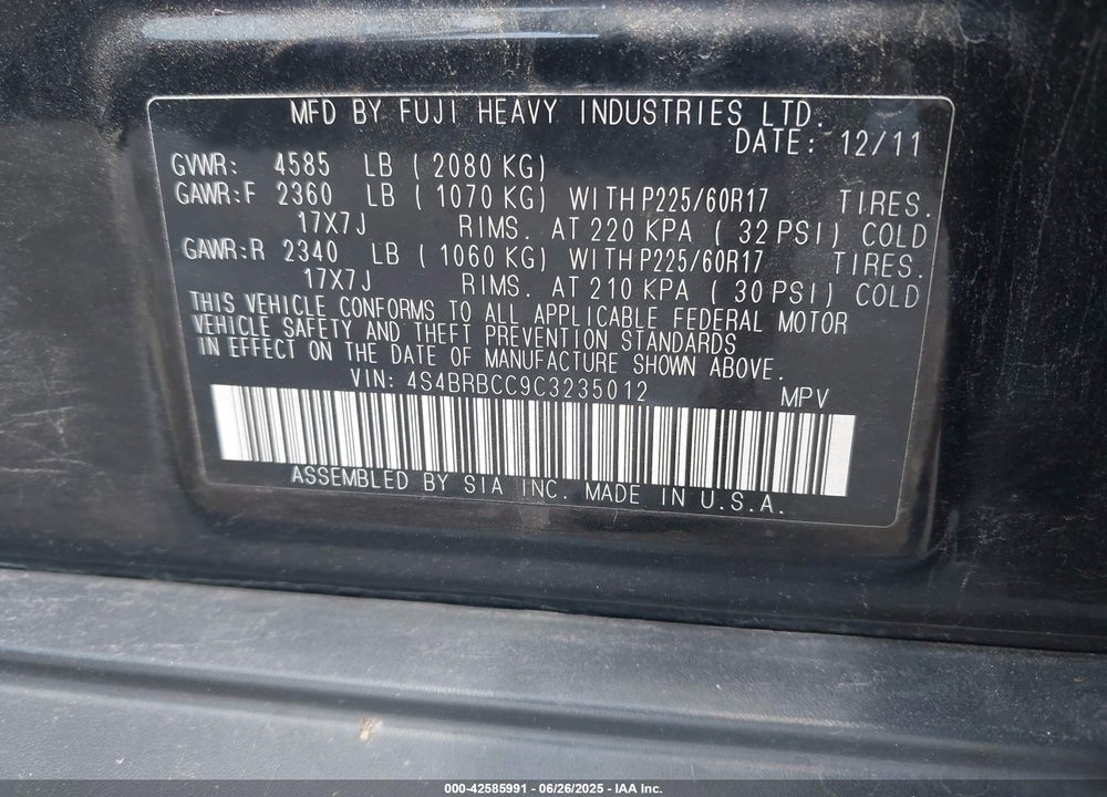 2012 SUBARU OUTBACK 2.5I PREMIUM VIN: 4S4BRBCC9C3235012