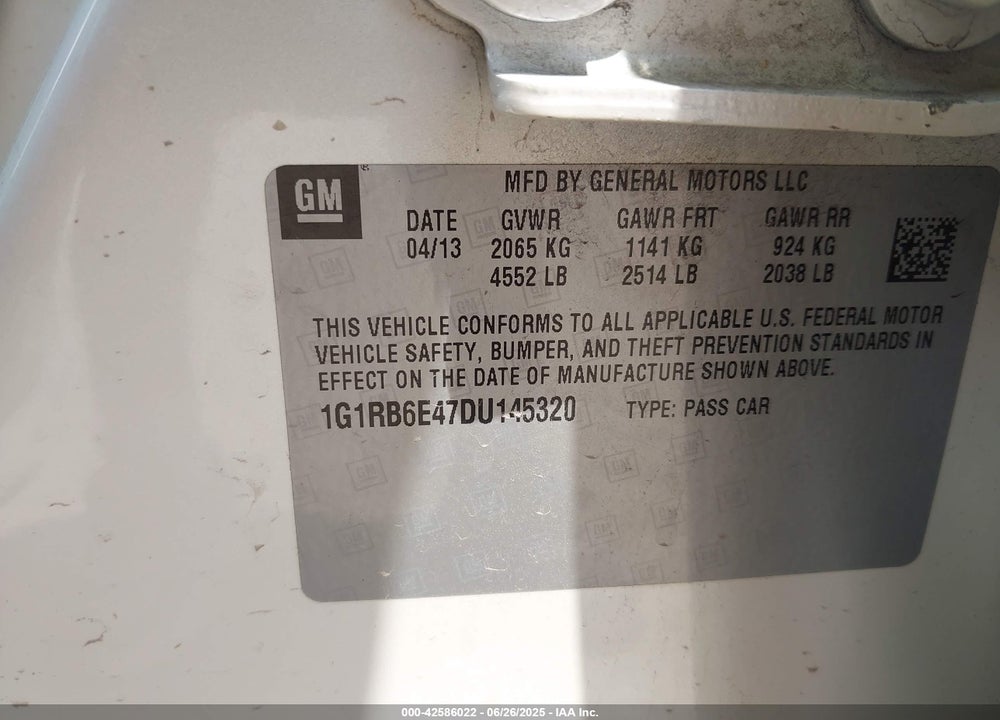 2013 CHEVROLET VOLT VIN: 1G1RB6E47DU145320