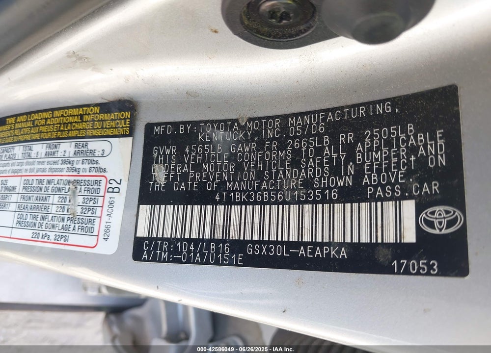2006 TOYOTA AVALON LIMITED/TOURING/XL/XLS VIN: 4T1BK36B56U153516