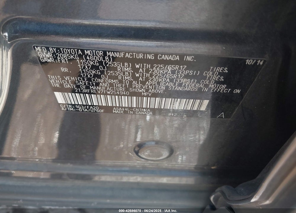2015 TOYOTA RAV4 VIN: 2T3RFREV7FW254940