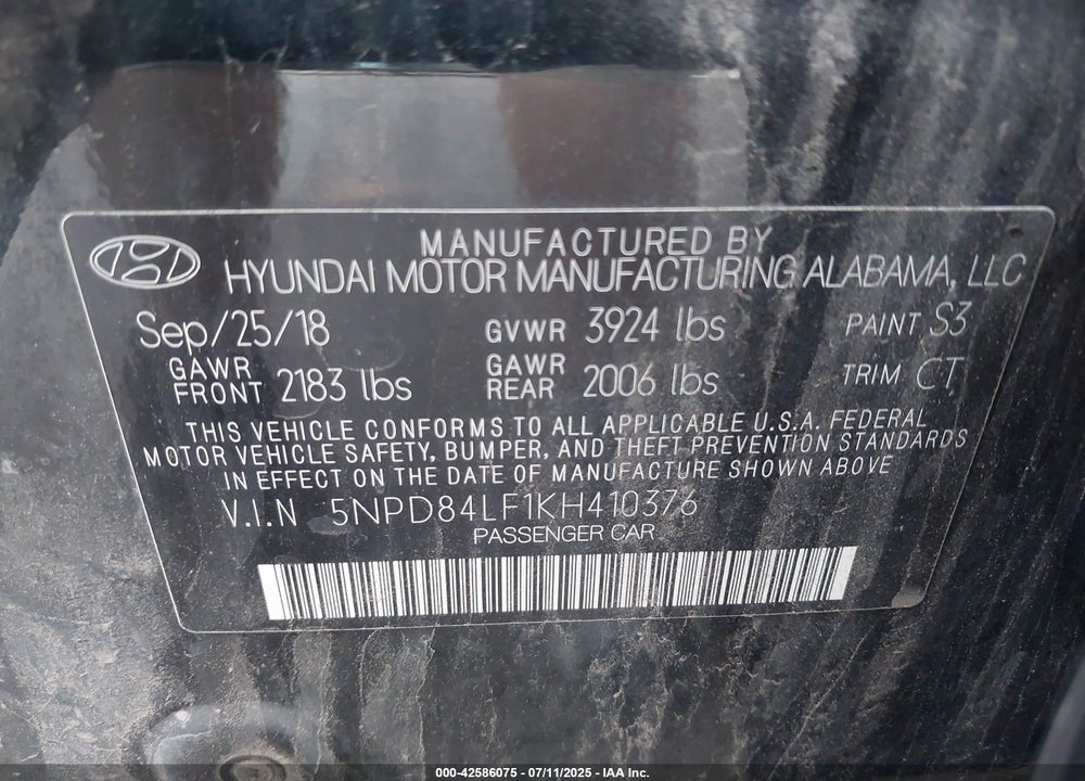 2019 HYUNDAI ELANTRA VIN: 5NPD84LF1KH410376