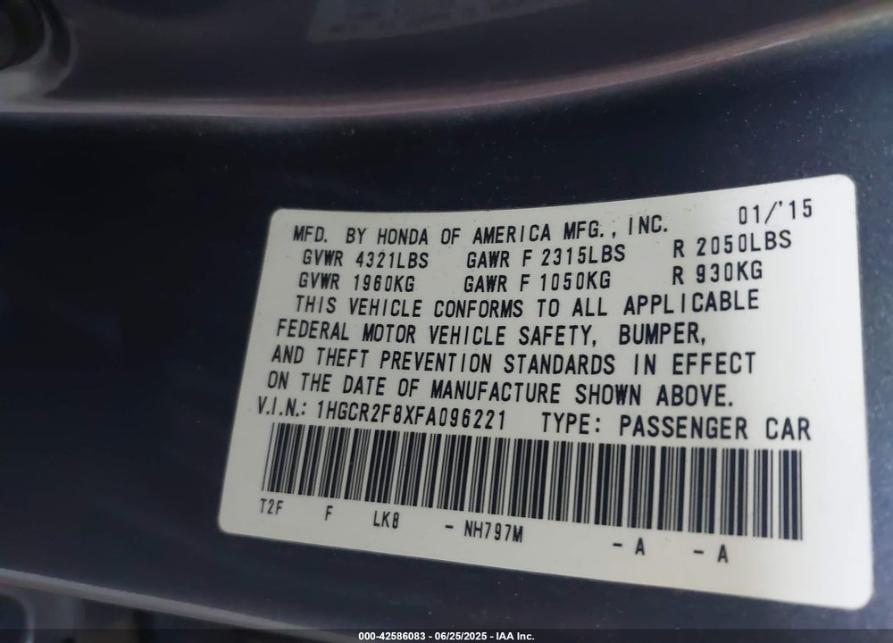 2015 HONDA ACCORD VIN: 1HGCR2F8XFA096221