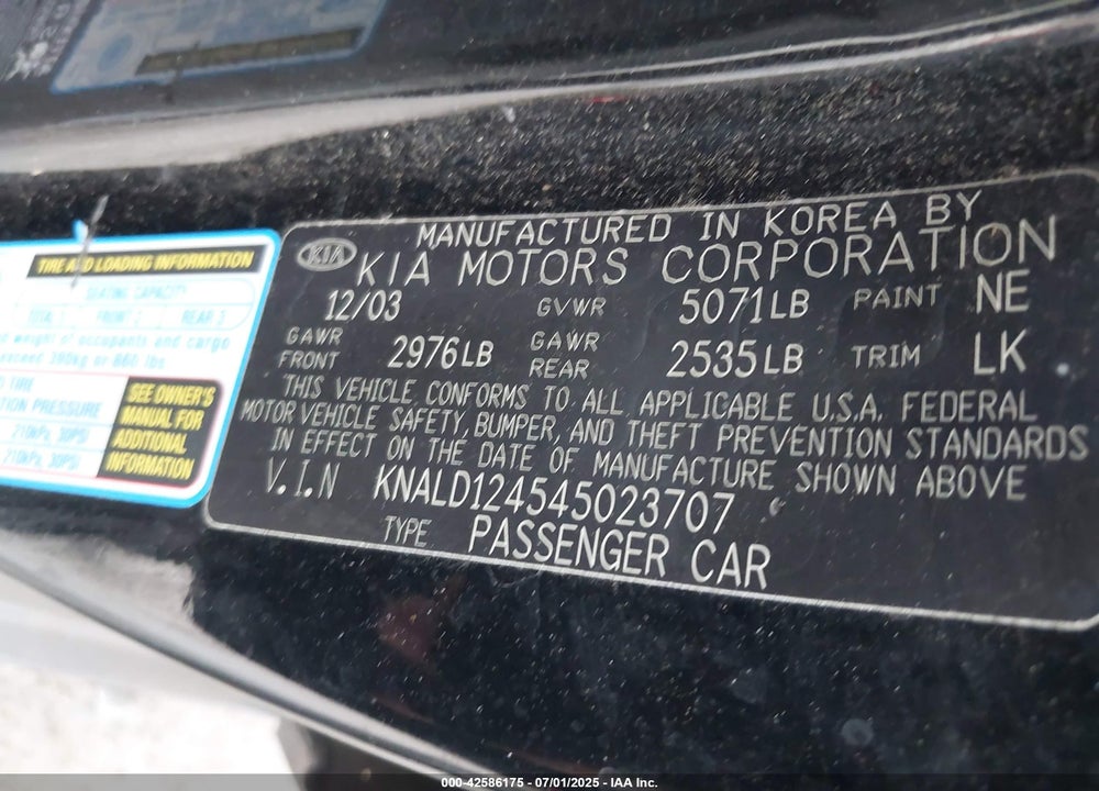 2004 KIA AMANTI VIN: KNALD124545023707