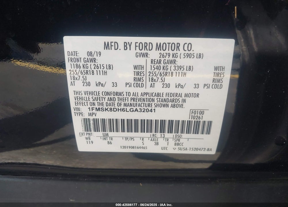 2020 FORD EXPLORER VIN: 1FMSK8DH6LGA32041