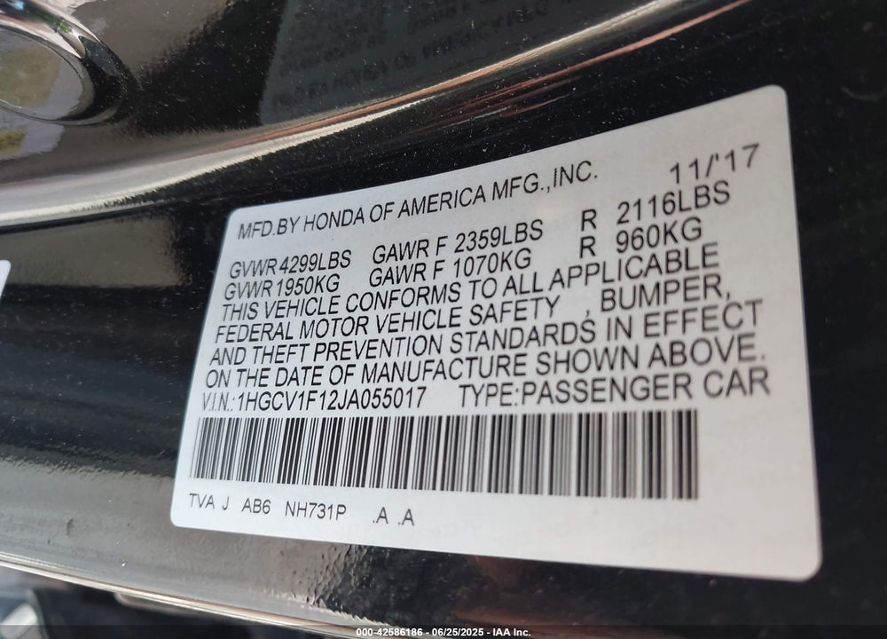 2018 HONDA ACCORD VIN: 1HGCV1F12JA055017