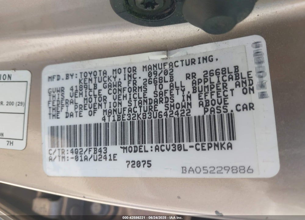 2003 TOYOTA CAMRY VIN: 4T1BE32K83U642422