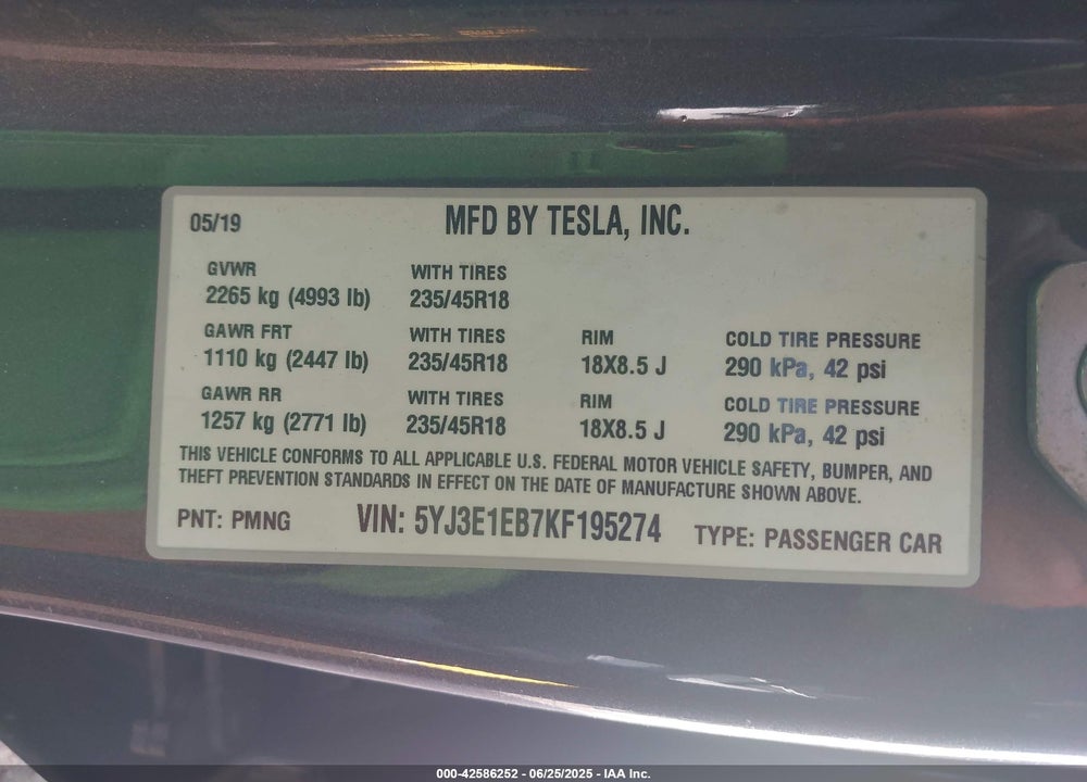 2019 TESLA MODEL 3 VIN: 5YJ3E1EB7KF195274