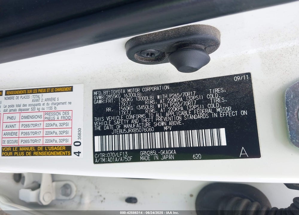 2011 TOYOTA 4RUNNER VIN: JTEBU5JRXB5076060
