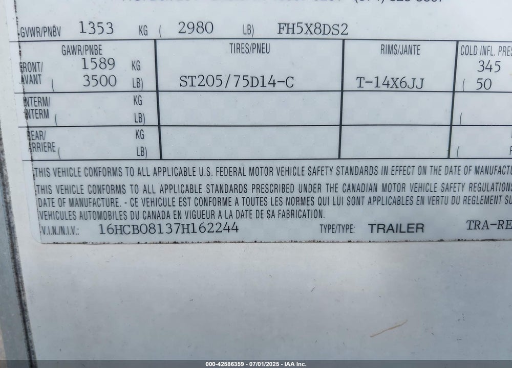 2007 HAUL MARK IND UNKNOWN VIN: 16HCB08137H162244