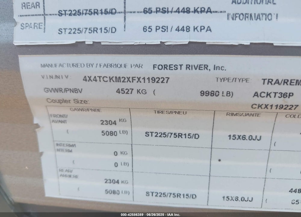 2015 FOREST RIVER TRAVEL TRLR VIN: 4X4TCKM2XFX119227