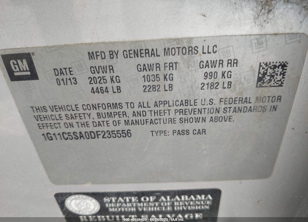 2013 CHEVROLET MALIBU VIN: 1G11C5SA0DF235556