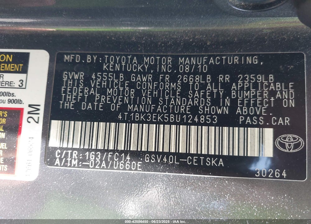 2011 TOYOTA CAMRY VIN: 4T1BK3EK5BU124853