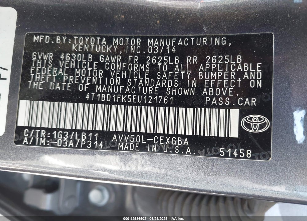 2014 TOYOTA CAMRY HYBRID VIN: 4T1BD1FK5EU121761
