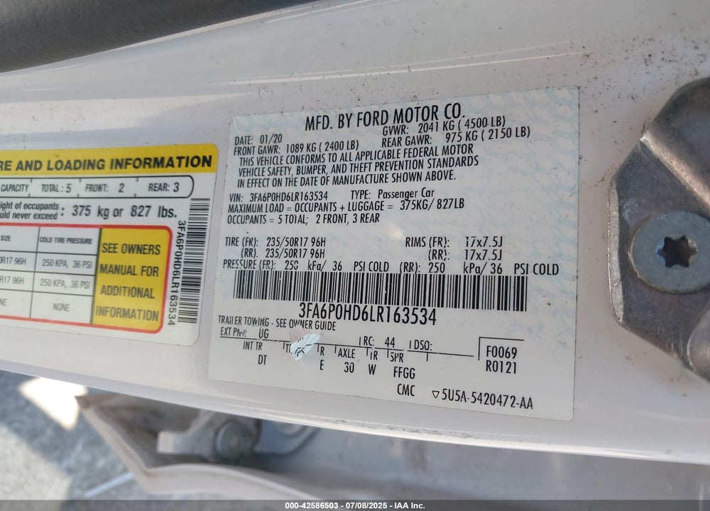 2020 FORD FUSION SE VIN: 3FA6P0HD6LR163534