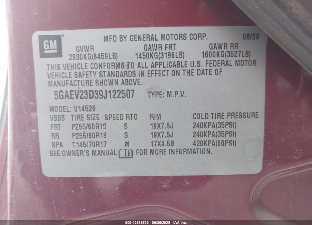 2009 BUICK ENCLAVE VIN: 5GAEV23D39J122507
