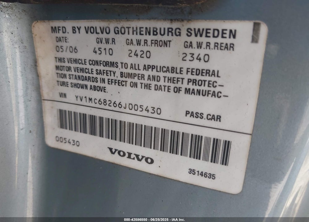 2006 VOLVO C70 VIN: YV1MC68266J005430