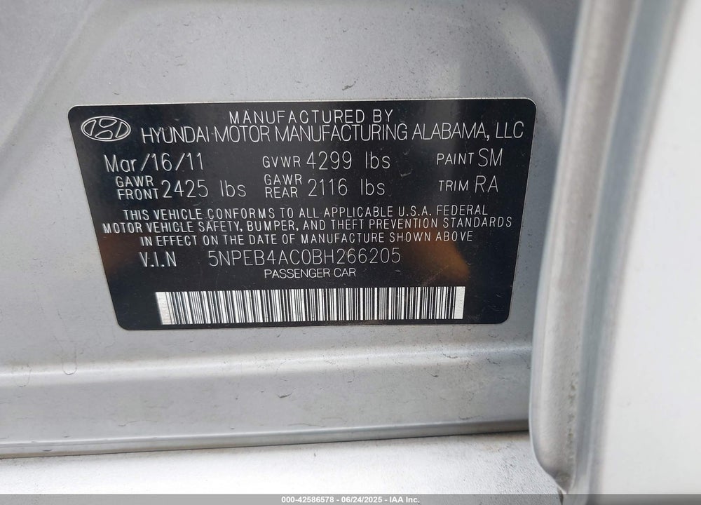 2011 HYUNDAI SONATA GLS VIN: 5NPEB4AC0BH266205