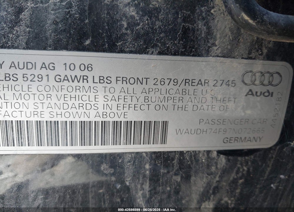 2007 AUDI A6 VIN: WAUDH74F97N072665
