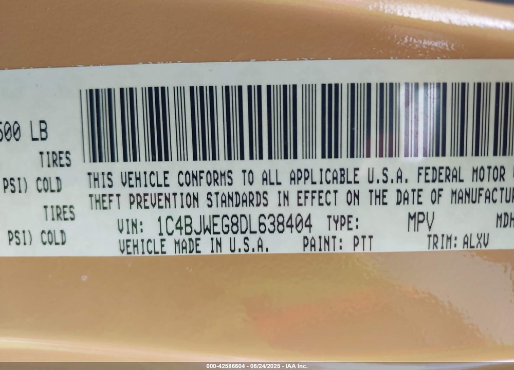 2013 JEEP WRANGLER UNLIMITED VIN: 1C4BJWEG8DL638404